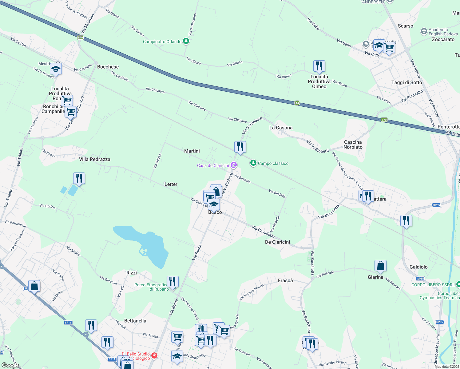 map of restaurants, bars, coffee shops, grocery stores, and more near 6F Via V. Gioberti in Bosco