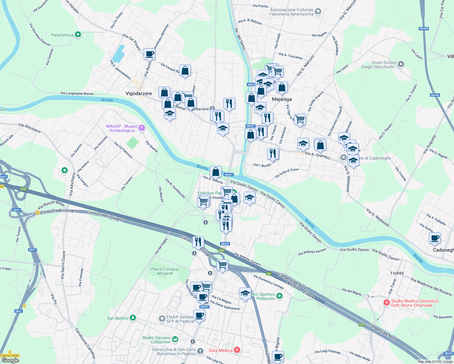 map of restaurants, bars, coffee shops, grocery stores, and more near 156 Via Pontevigodarzere in Padova