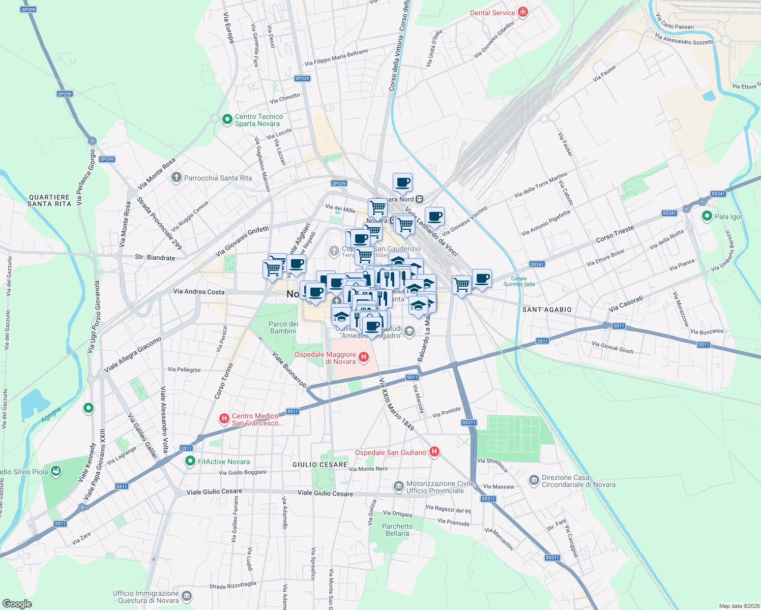 map of restaurants, bars, coffee shops, grocery stores, and more near 7-13 Via dei Tornielli in Novara