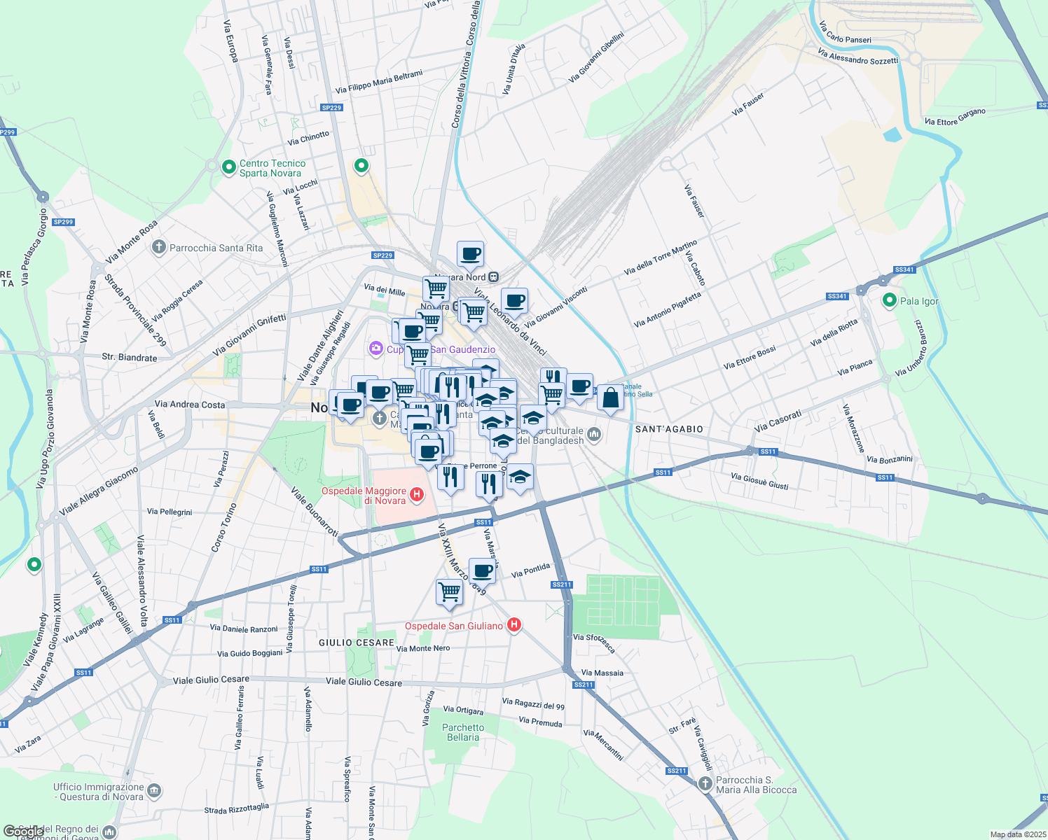 map of restaurants, bars, coffee shops, grocery stores, and more near 1 Via Bernardino Lanino in Novara