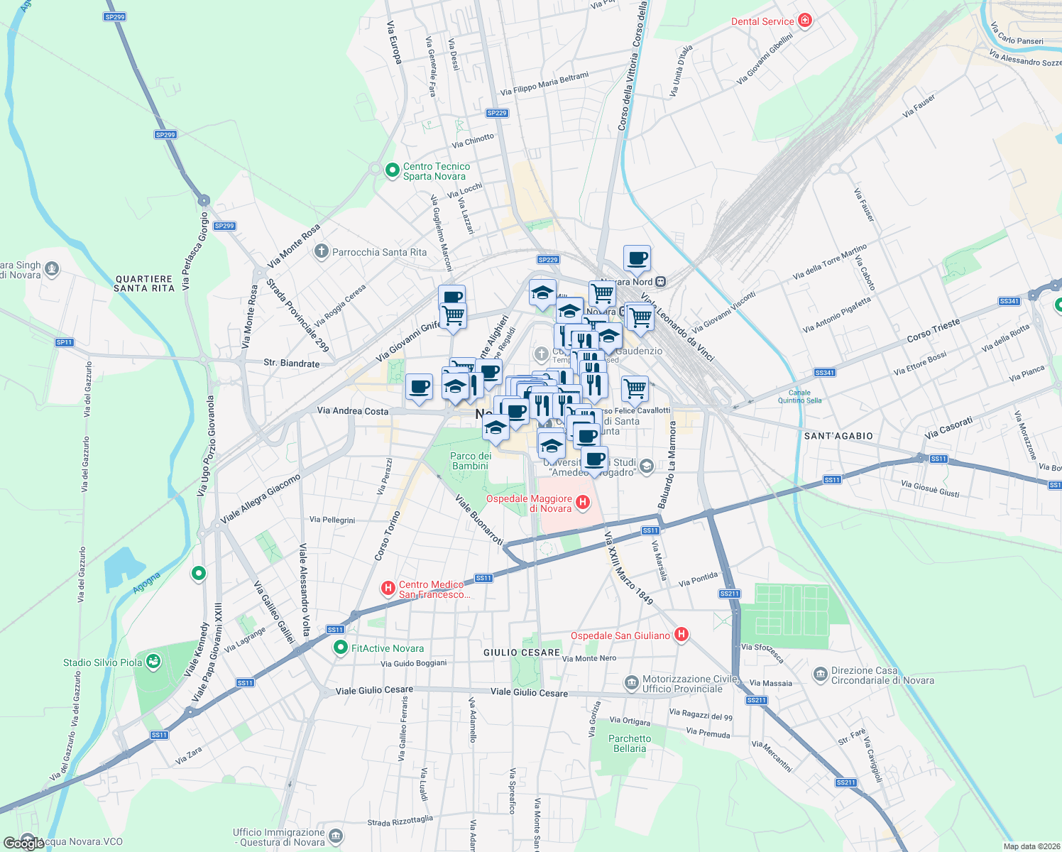 map of restaurants, bars, coffee shops, grocery stores, and more near 2-12 Via San Gaudenzio in Novara