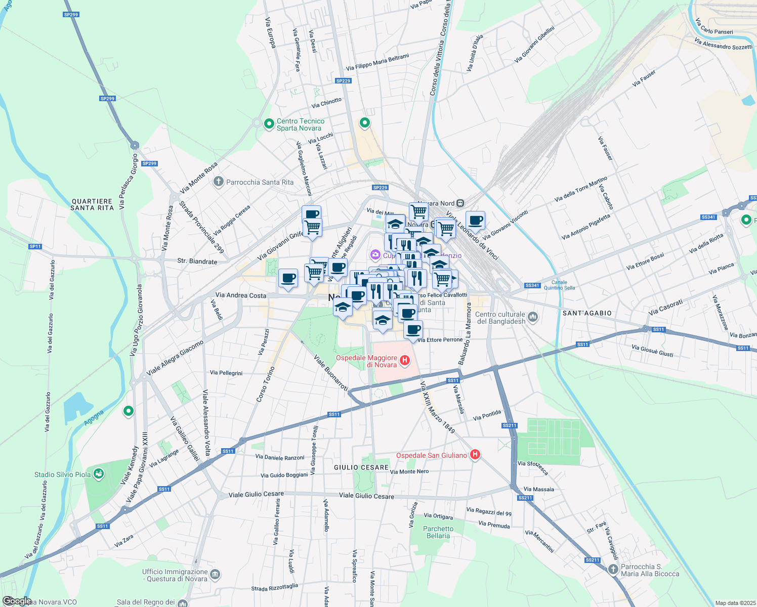 map of restaurants, bars, coffee shops, grocery stores, and more near 10 Via Giuseppe Omar in Novara