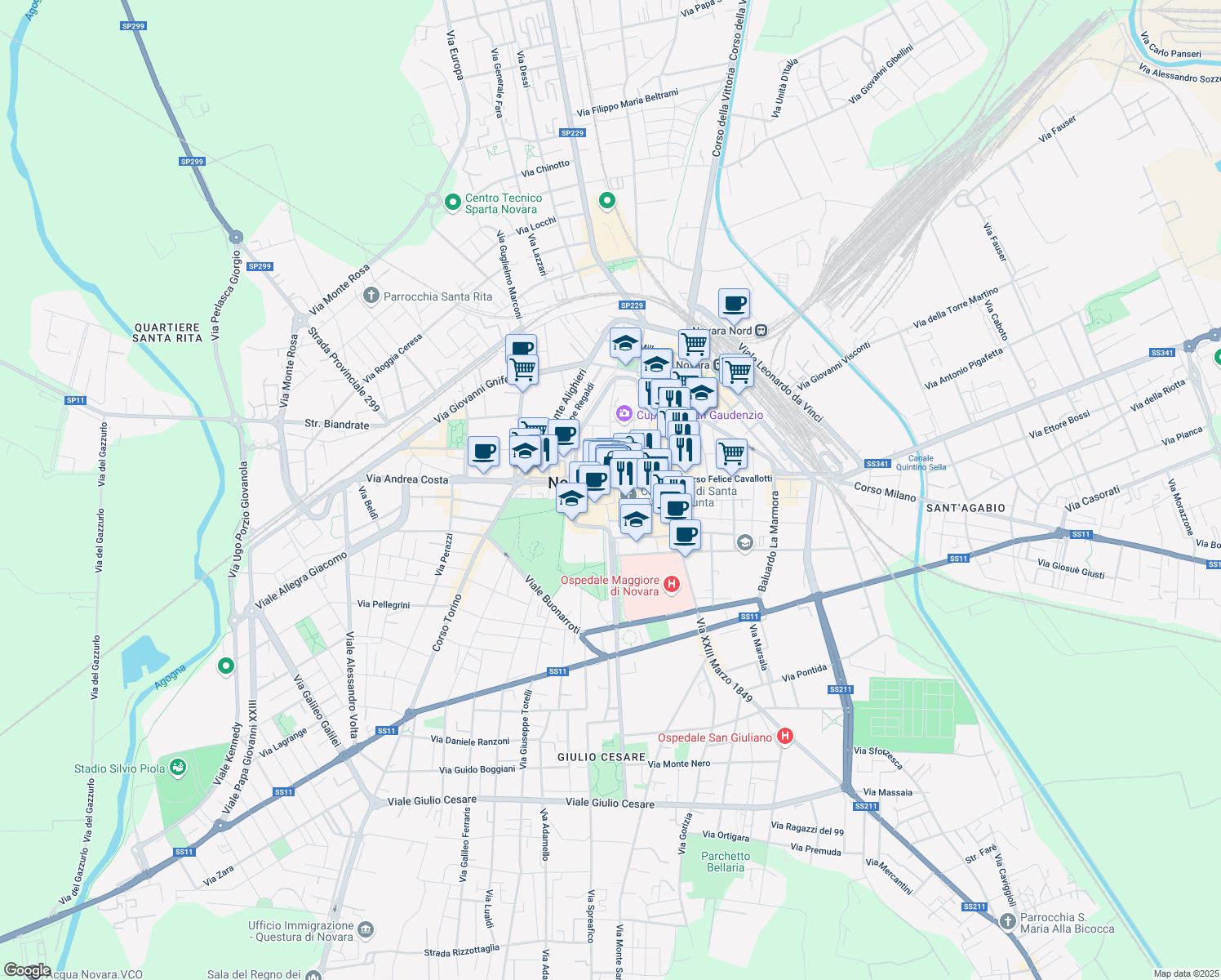 map of restaurants, bars, coffee shops, grocery stores, and more near 2-12 Via San Gaudenzio in Novara