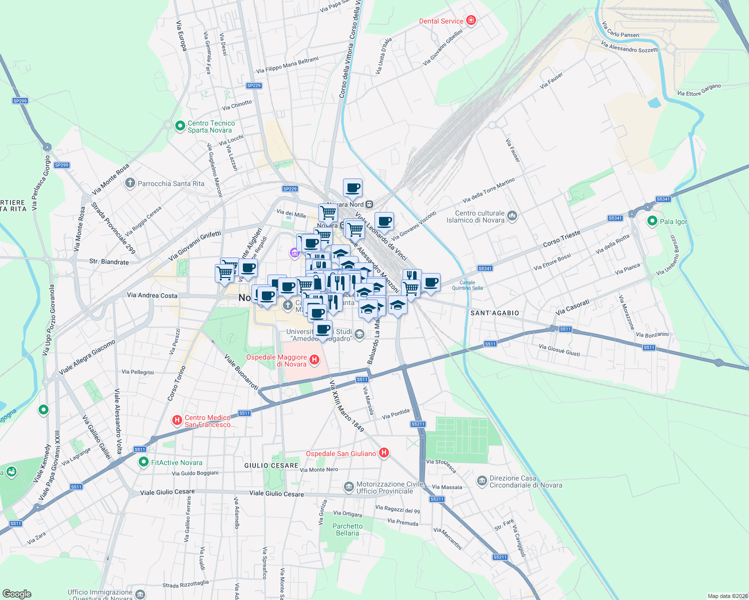 map of restaurants, bars, coffee shops, grocery stores, and more near 29 Corso Felice Cavallotti in Novara