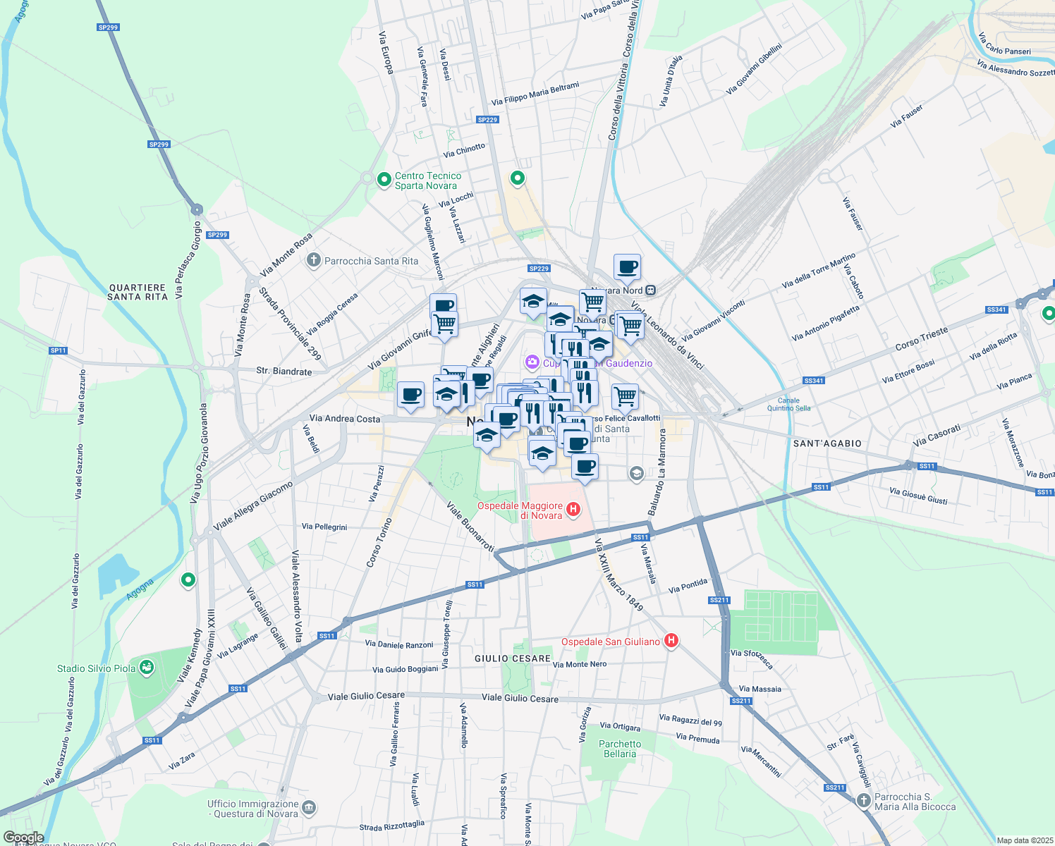 map of restaurants, bars, coffee shops, grocery stores, and more near 2-12 Via San Gaudenzio in Novara