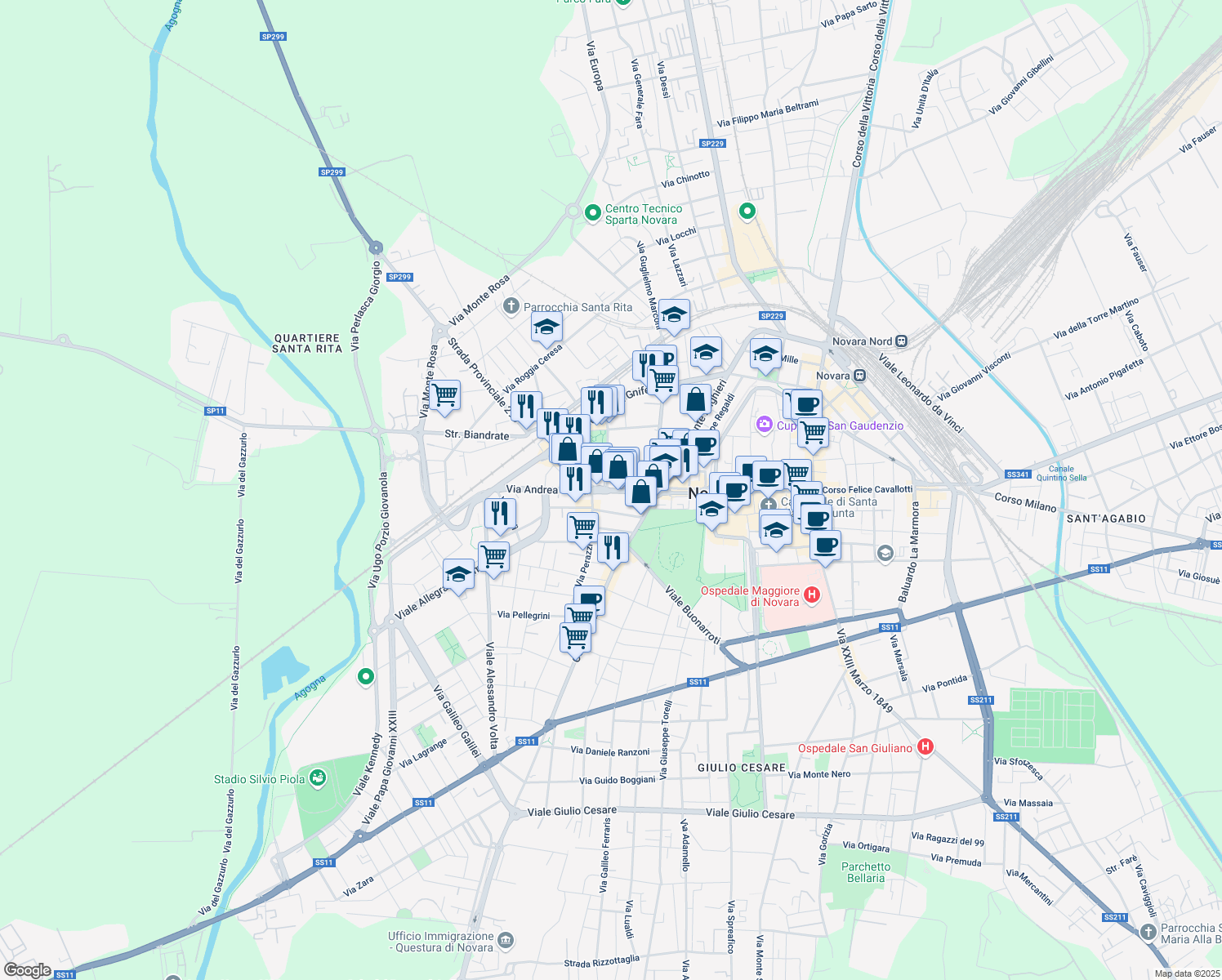 map of restaurants, bars, coffee shops, grocery stores, and more near 14 Via Andrea Costa in Novara