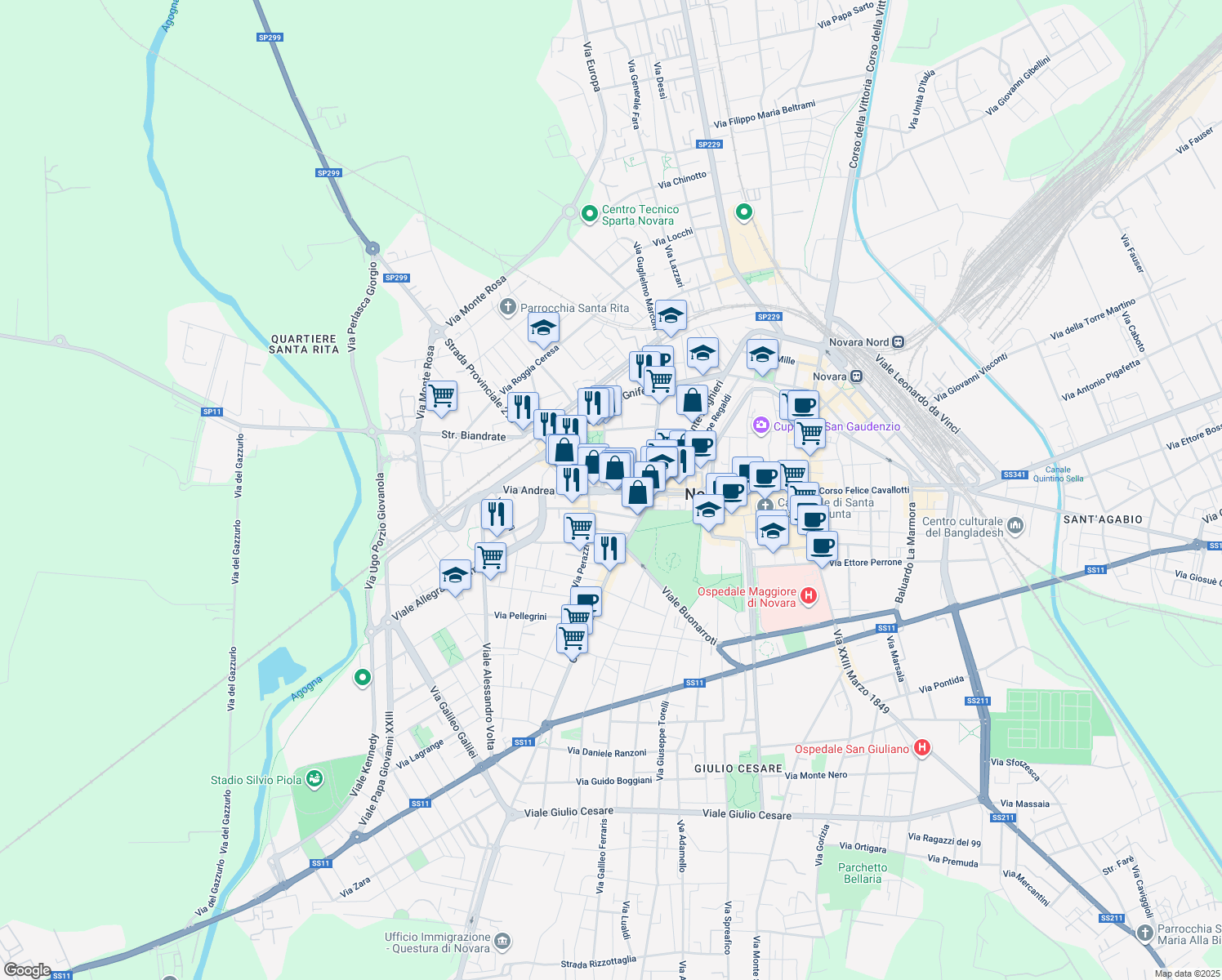 map of restaurants, bars, coffee shops, grocery stores, and more near 14 Via Andrea Costa in Novara