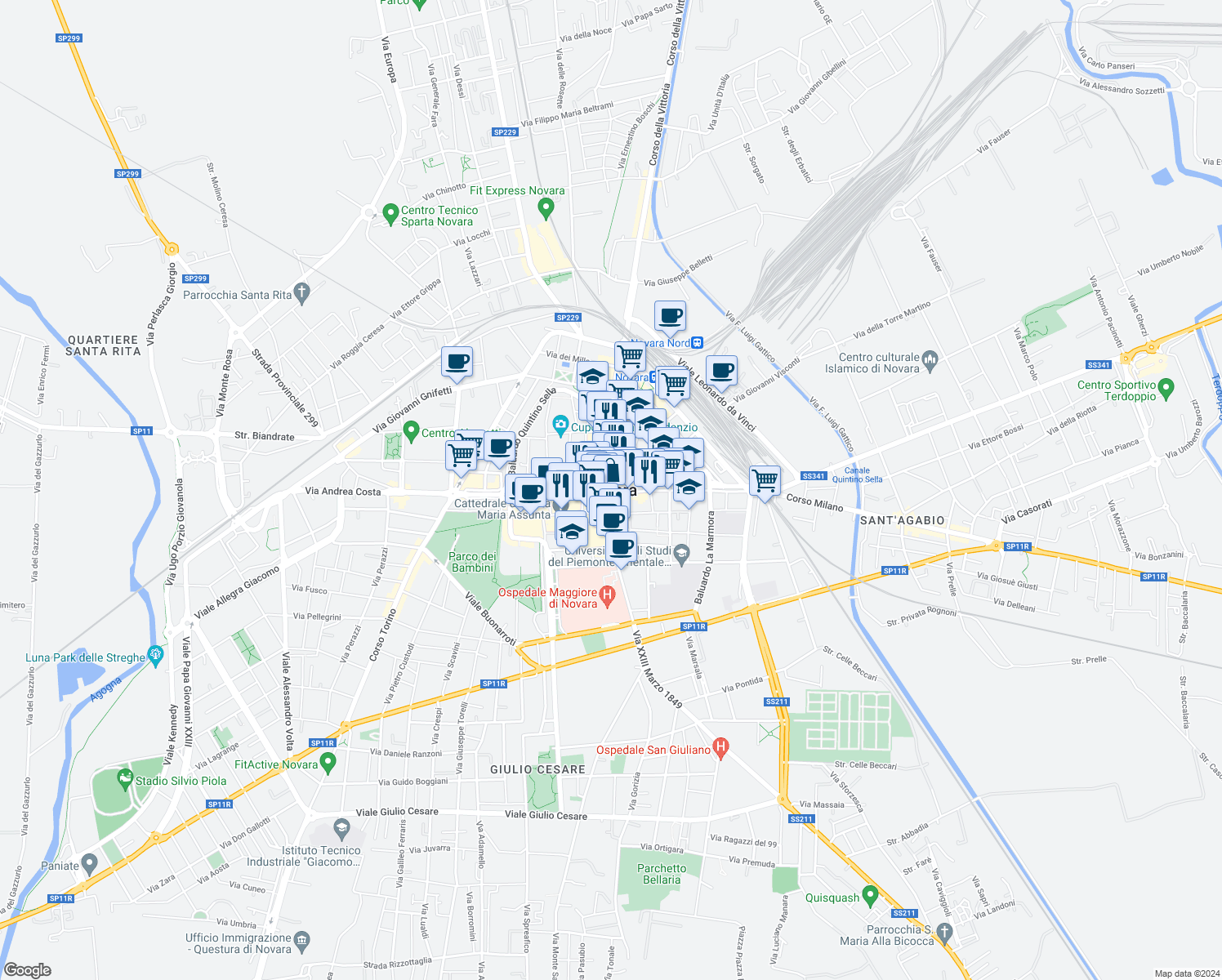 map of restaurants, bars, coffee shops, grocery stores, and more near in Novara