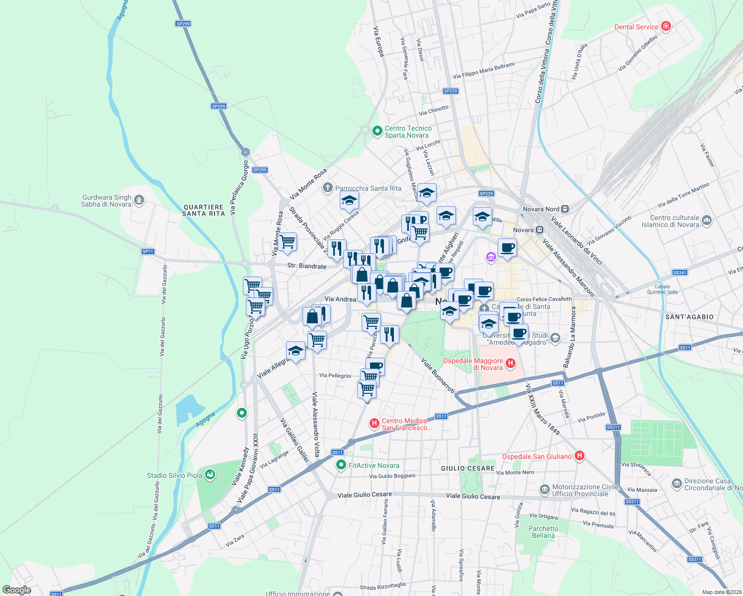 map of restaurants, bars, coffee shops, grocery stores, and more near 18 Via Andrea Costa in Novara