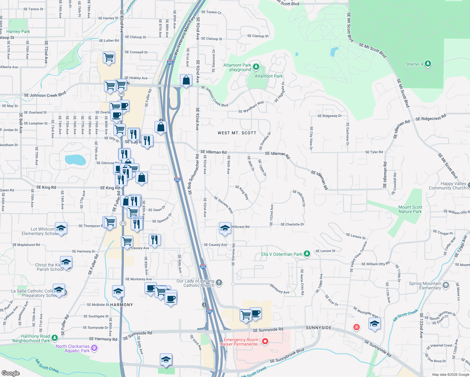 map of restaurants, bars, coffee shops, grocery stores, and more near 9662 Southeast King Way in Happy Valley