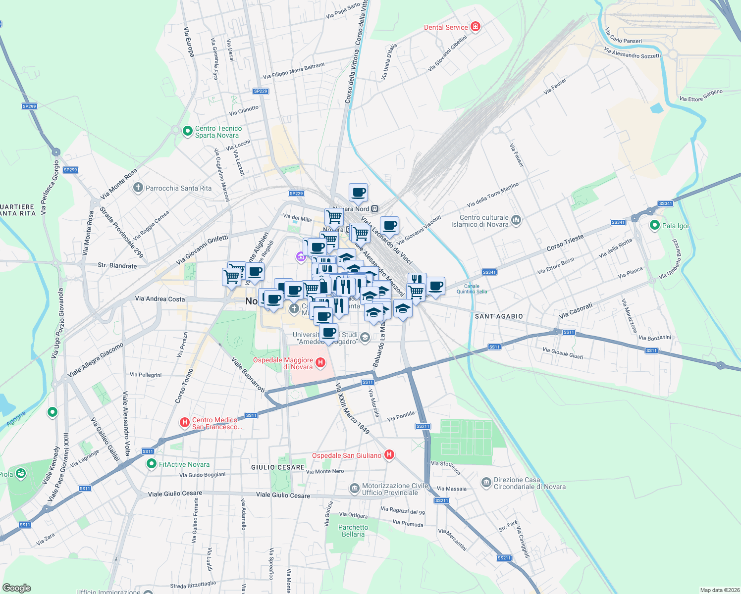 map of restaurants, bars, coffee shops, grocery stores, and more near 29 Corso Felice Cavallotti in Novara