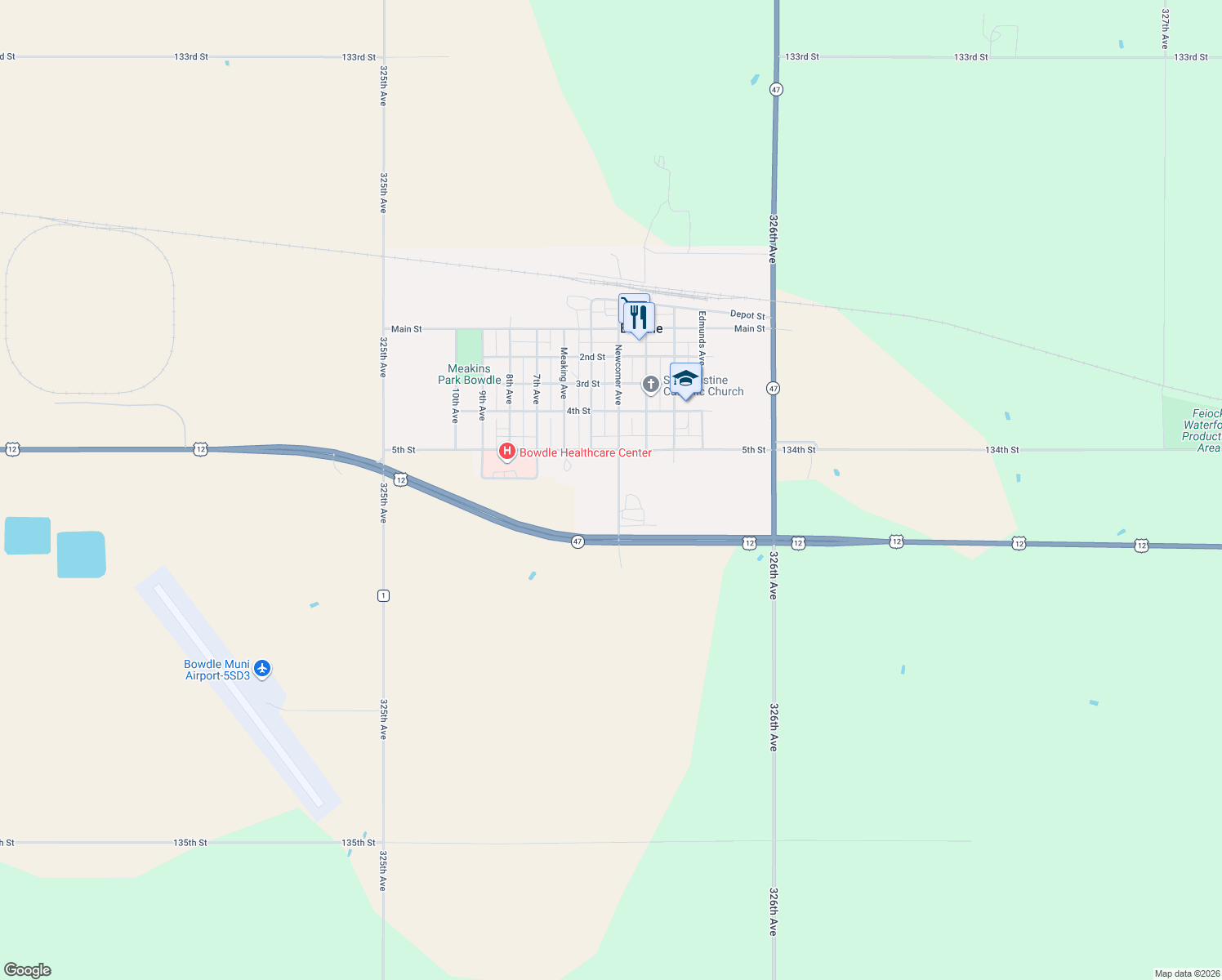 map of restaurants, bars, coffee shops, grocery stores, and more near 5023 4th Avenue in Bowdle