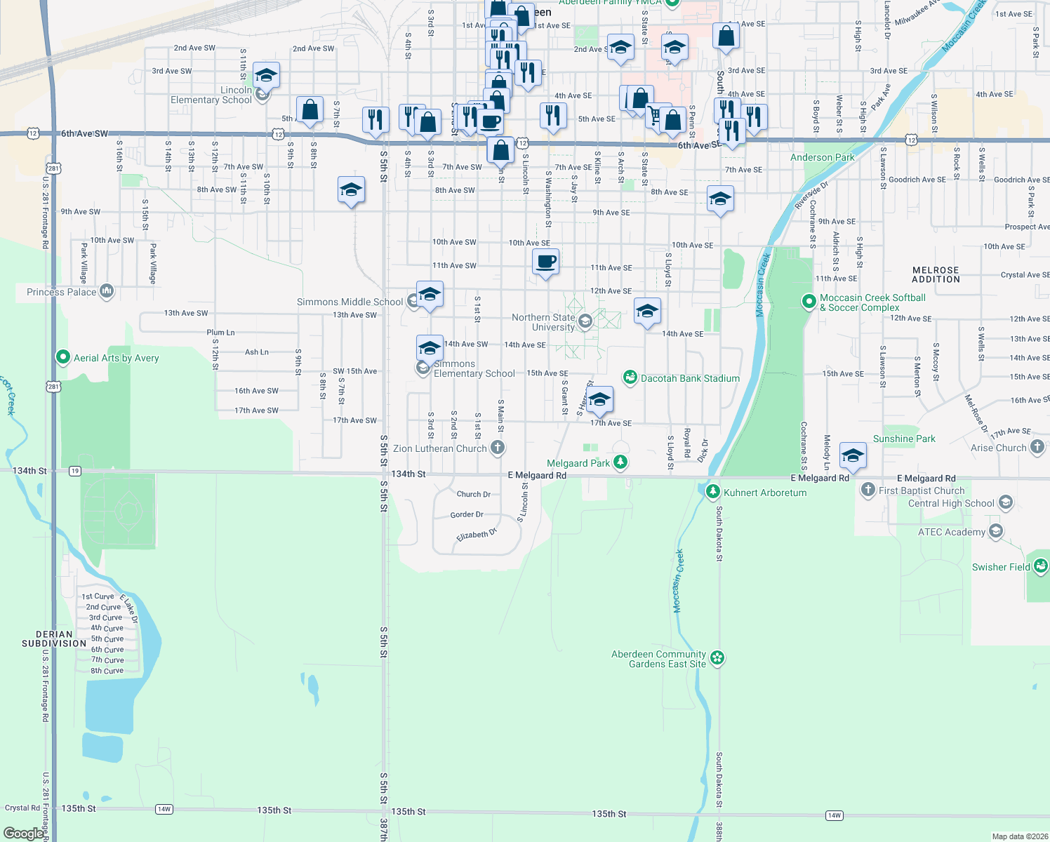 map of restaurants, bars, coffee shops, grocery stores, and more near 1698 S Lincoln St in Aberdeen