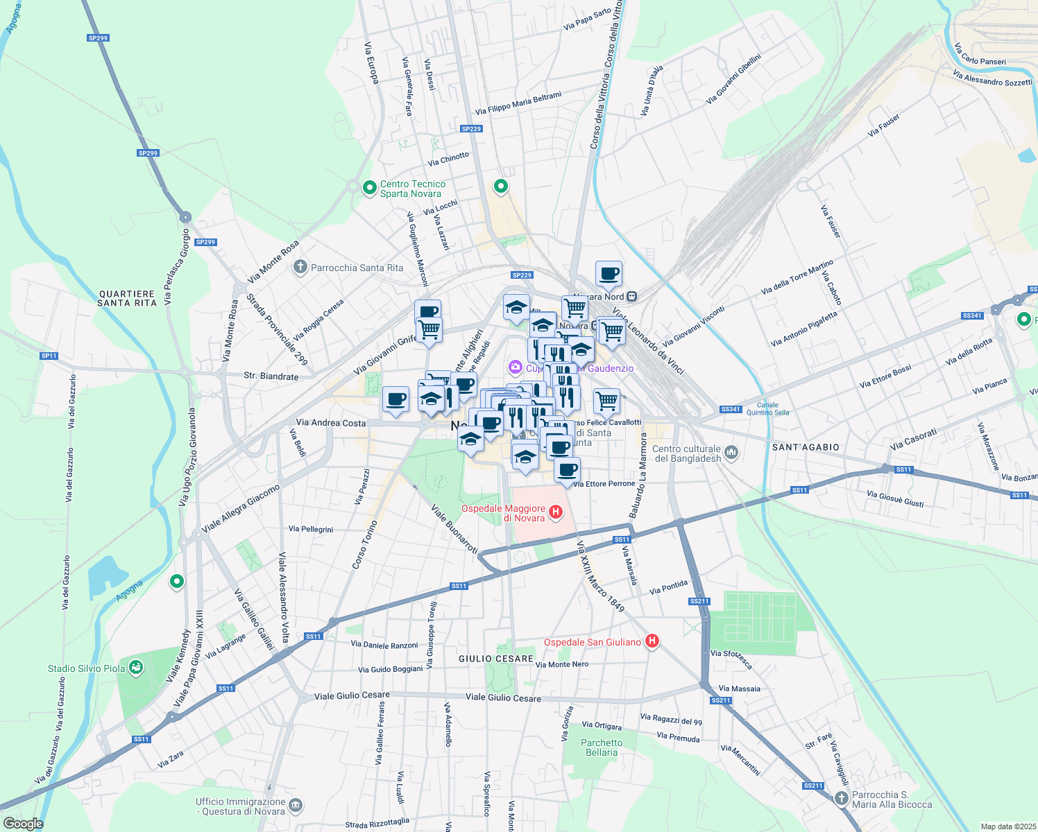 map of restaurants, bars, coffee shops, grocery stores, and more near 2-12 Via San Gaudenzio in Novara