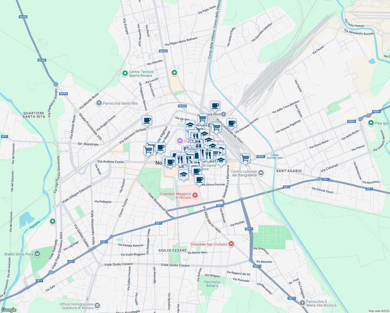 map of restaurants, bars, coffee shops, grocery stores, and more near in Novara