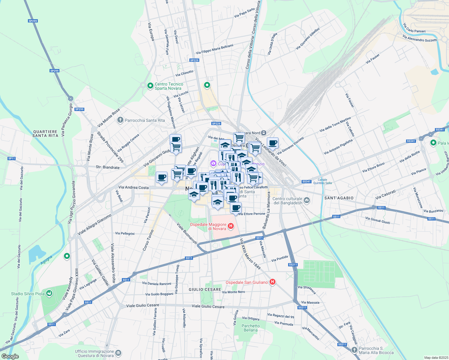 map of restaurants, bars, coffee shops, grocery stores, and more near 7-10 Via Omar Giuseppe in Novara