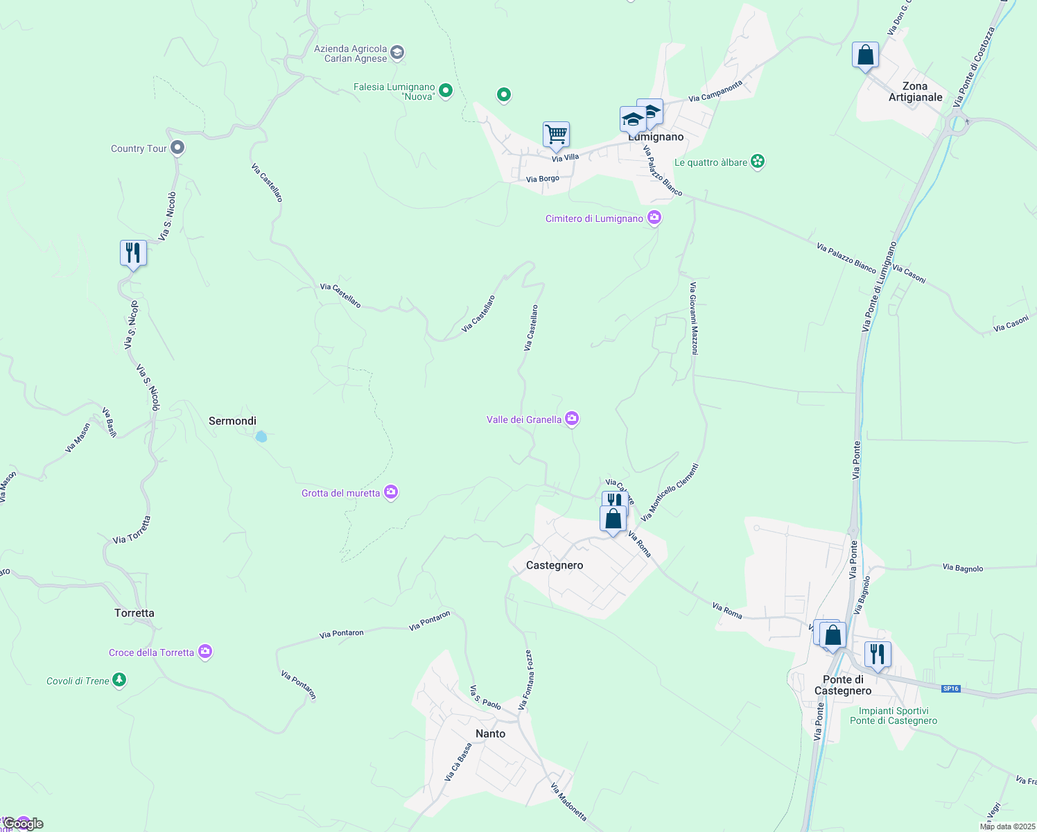 map of restaurants, bars, coffee shops, grocery stores, and more near 13 Via Castellaro in Provincia di Vicenza