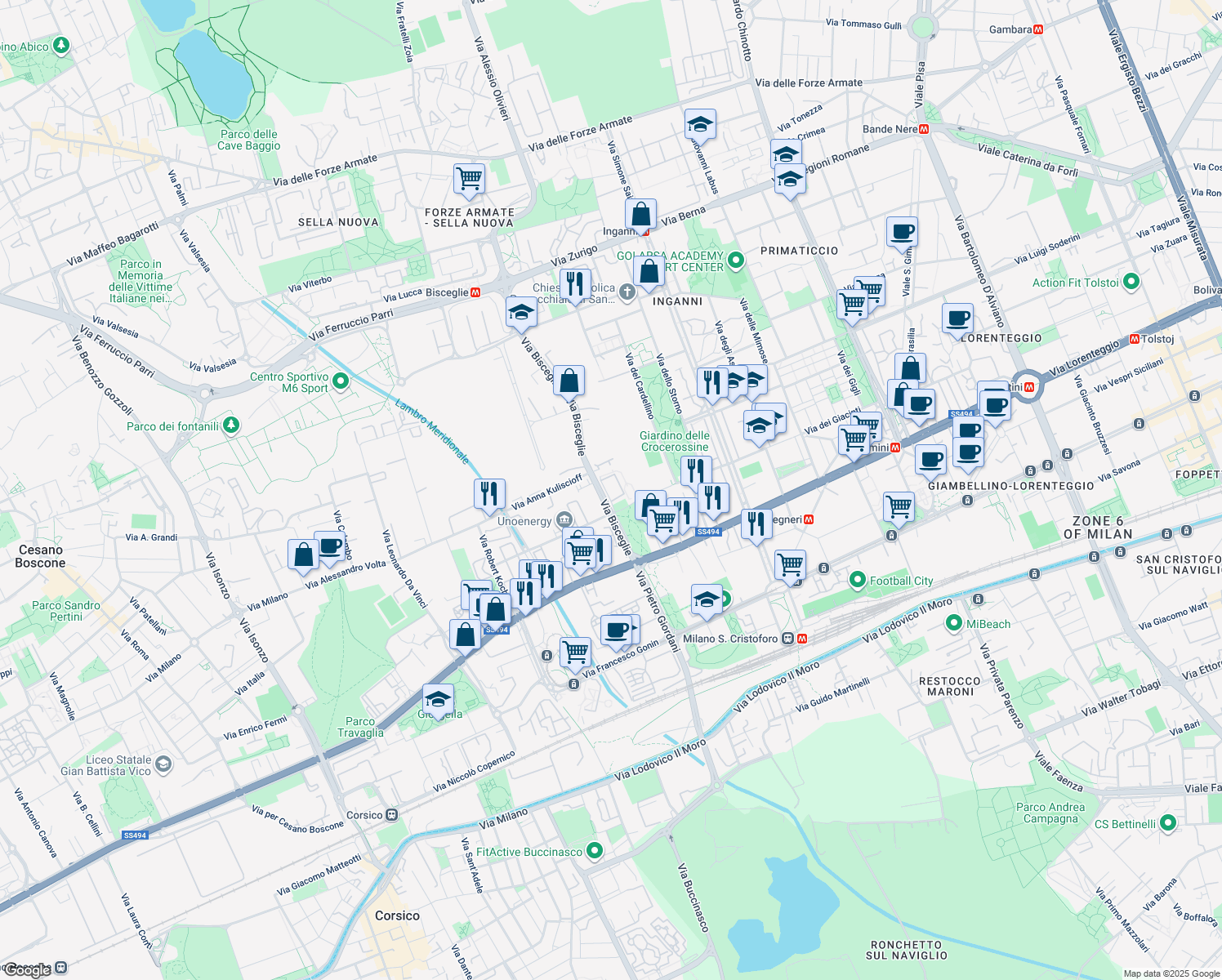 map of restaurants, bars, coffee shops, grocery stores, and more near 95 Via Bisceglie in Milano