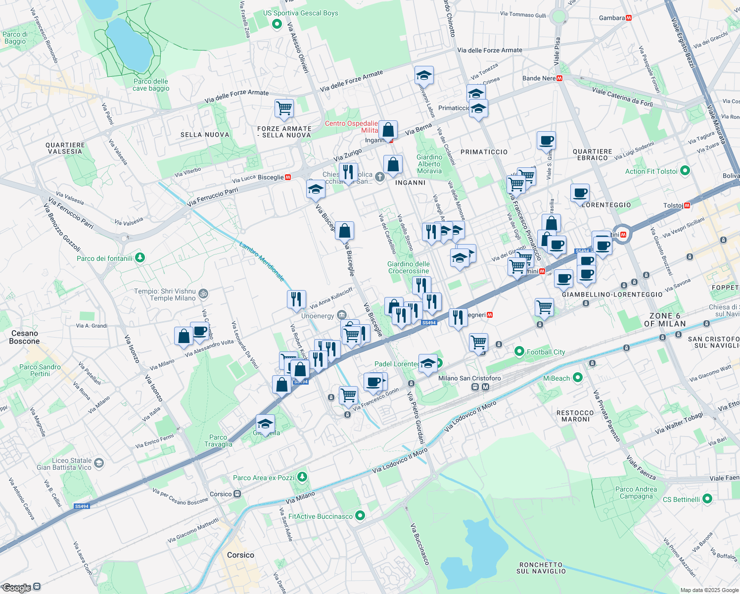 map of restaurants, bars, coffee shops, grocery stores, and more near 95 Via Bisceglie in Milano