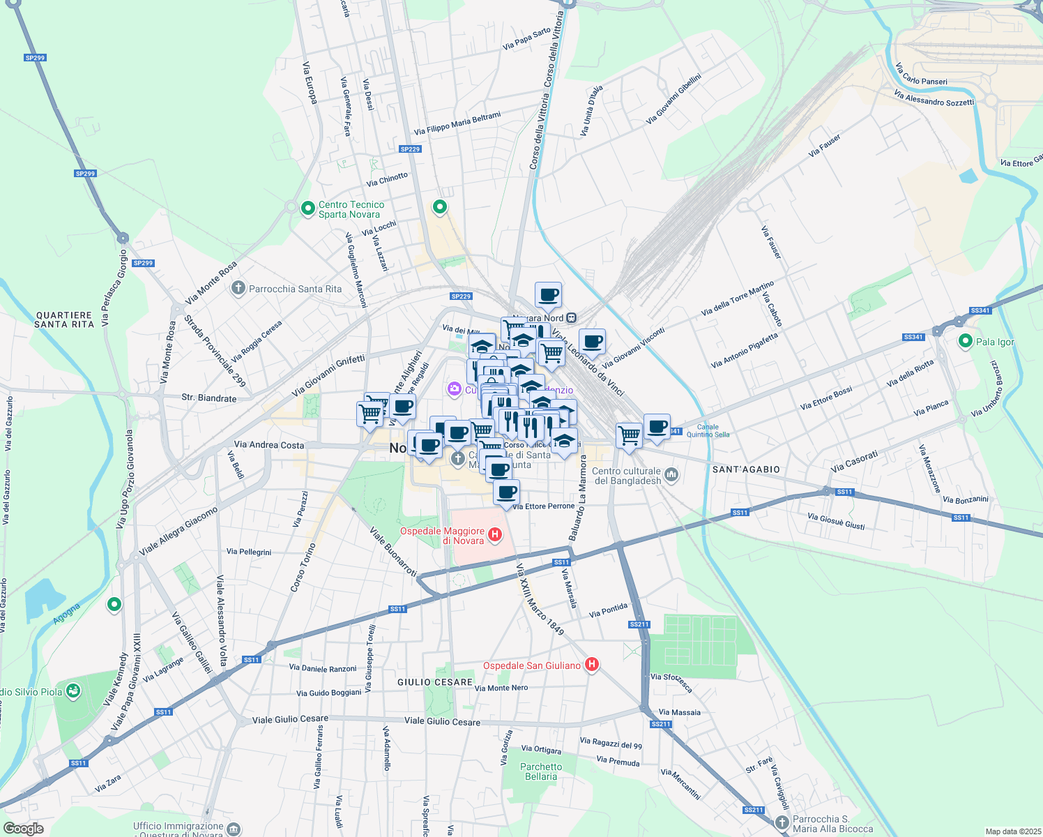 map of restaurants, bars, coffee shops, grocery stores, and more near 2A Via Ugo Ferrandi in Novara