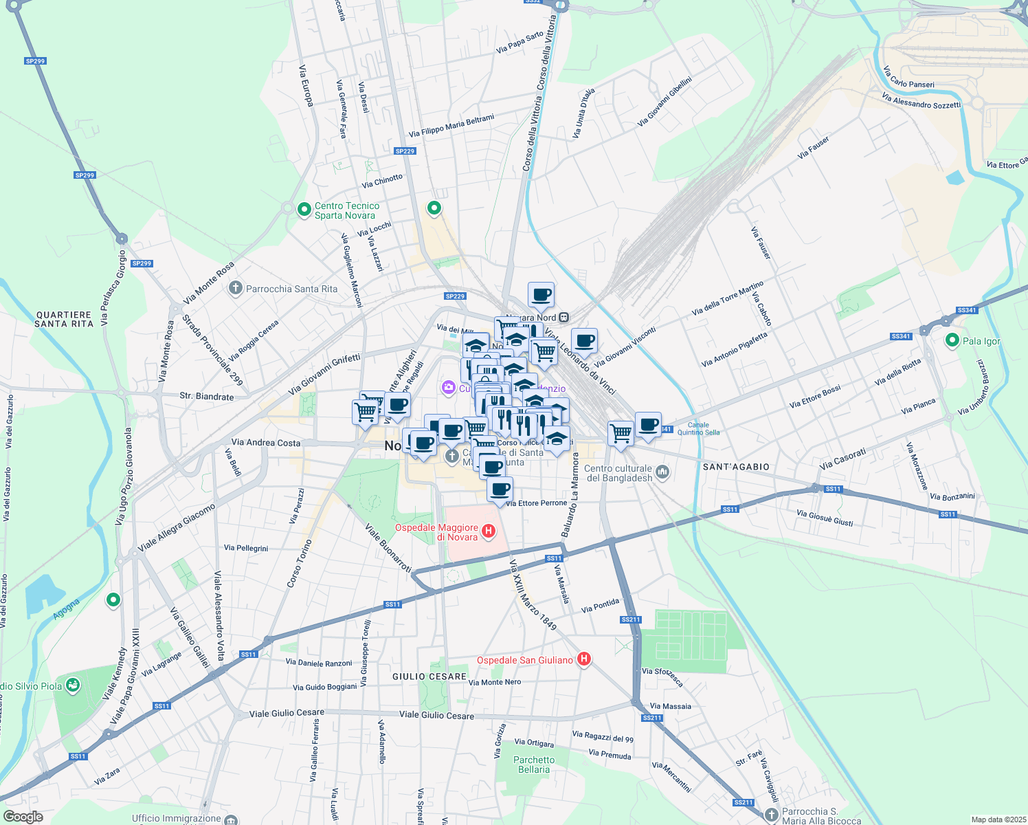 map of restaurants, bars, coffee shops, grocery stores, and more near 2A Via Ugo Ferrandi in Novara