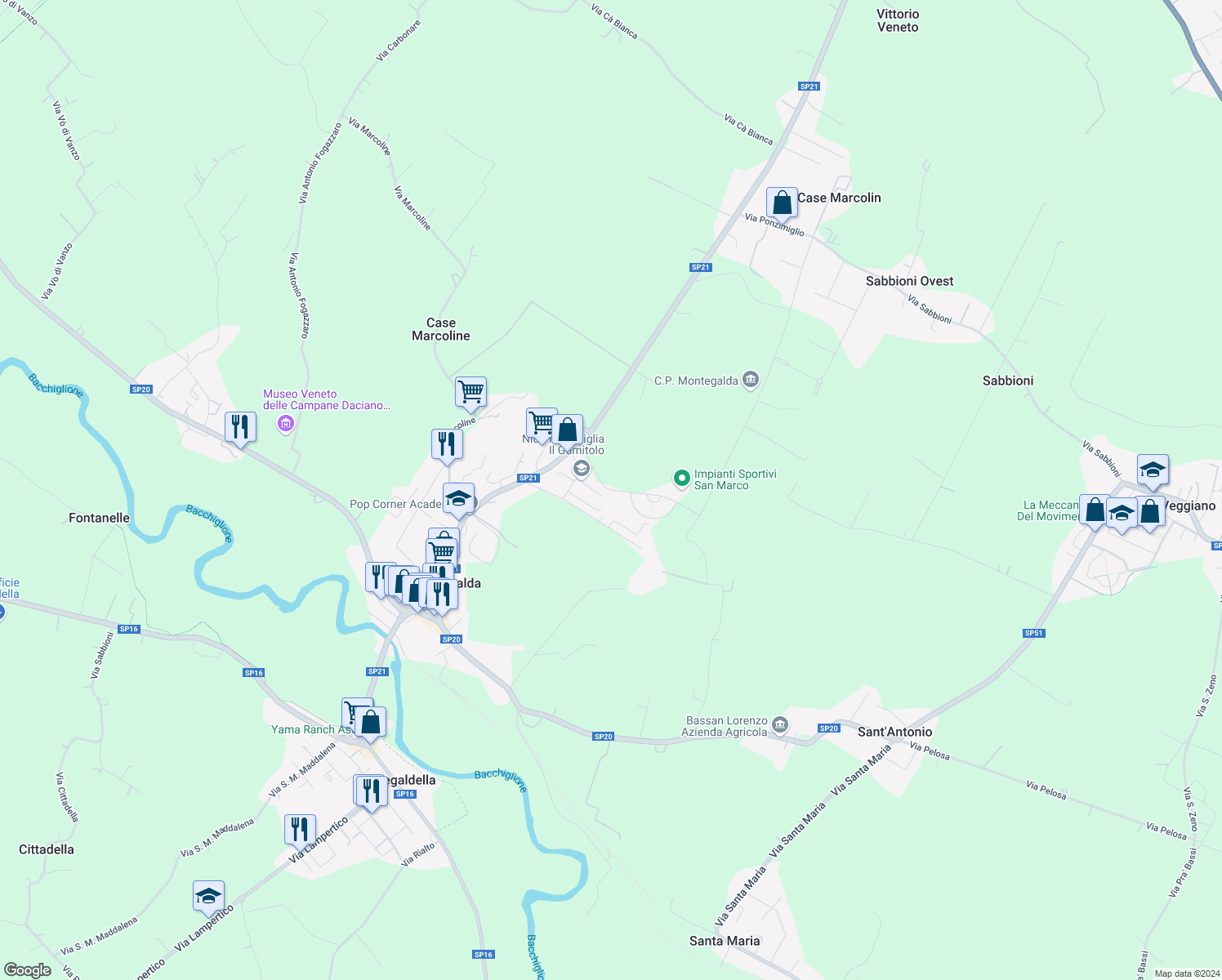 map of restaurants, bars, coffee shops, grocery stores, and more near 41 Via Gioacchino Rossini in Montegalda