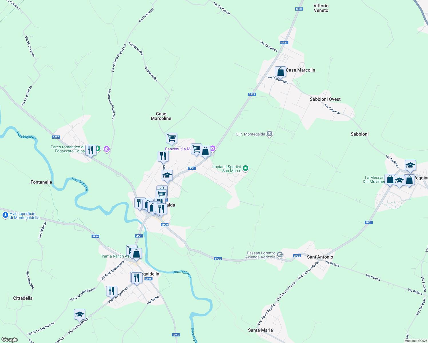 map of restaurants, bars, coffee shops, grocery stores, and more near 41 Via Gioacchino Rossini in Montegalda