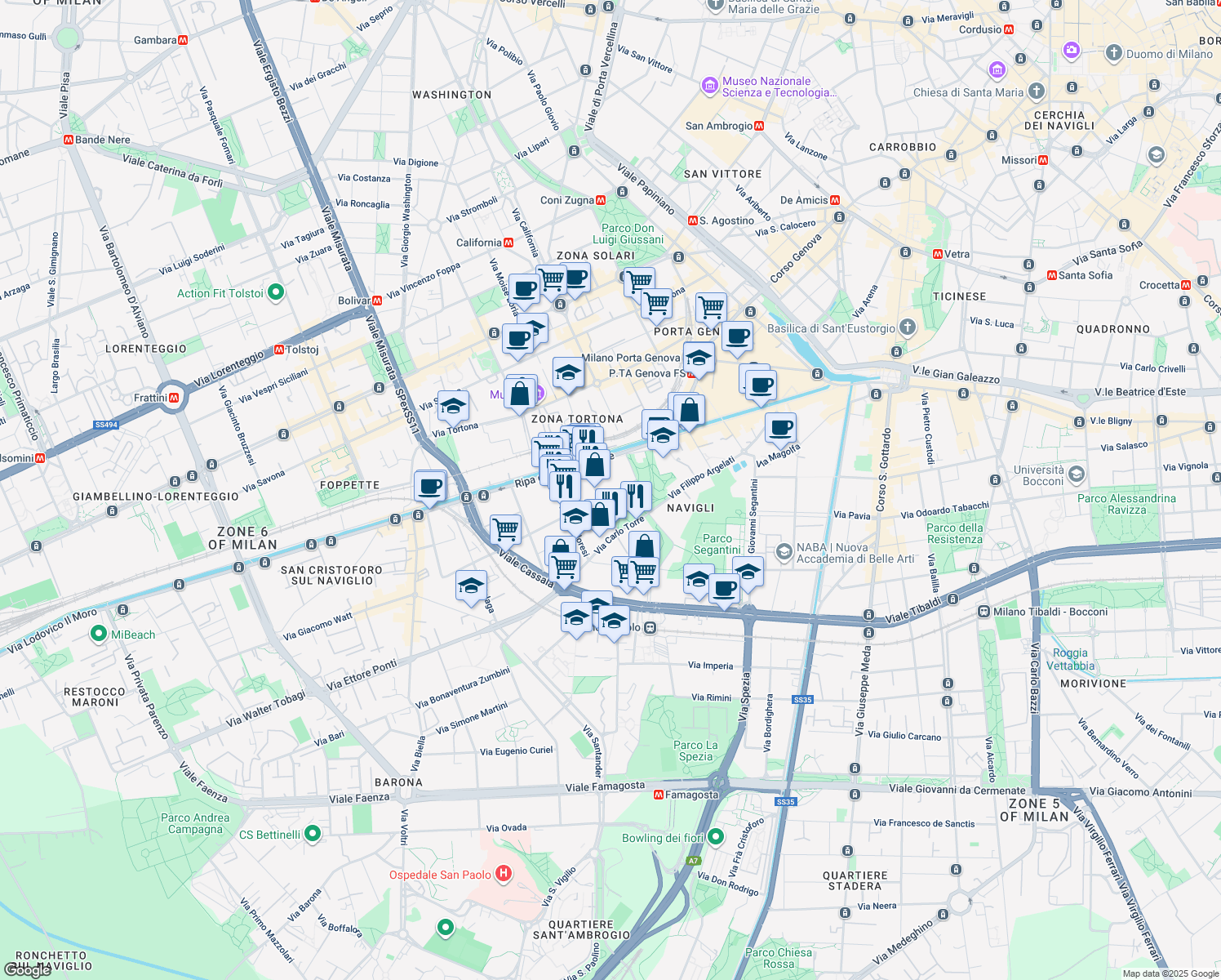 map of restaurants, bars, coffee shops, grocery stores, and more near 13 Via Elia Lombardini in Milano