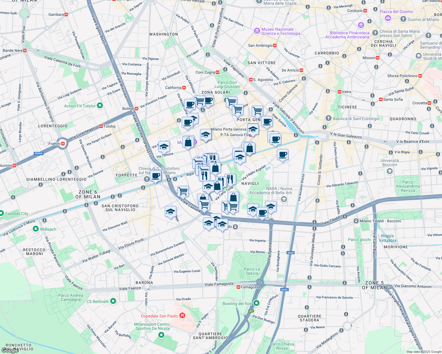 map of restaurants, bars, coffee shops, grocery stores, and more near 13 Via Elia Lombardini in Milano