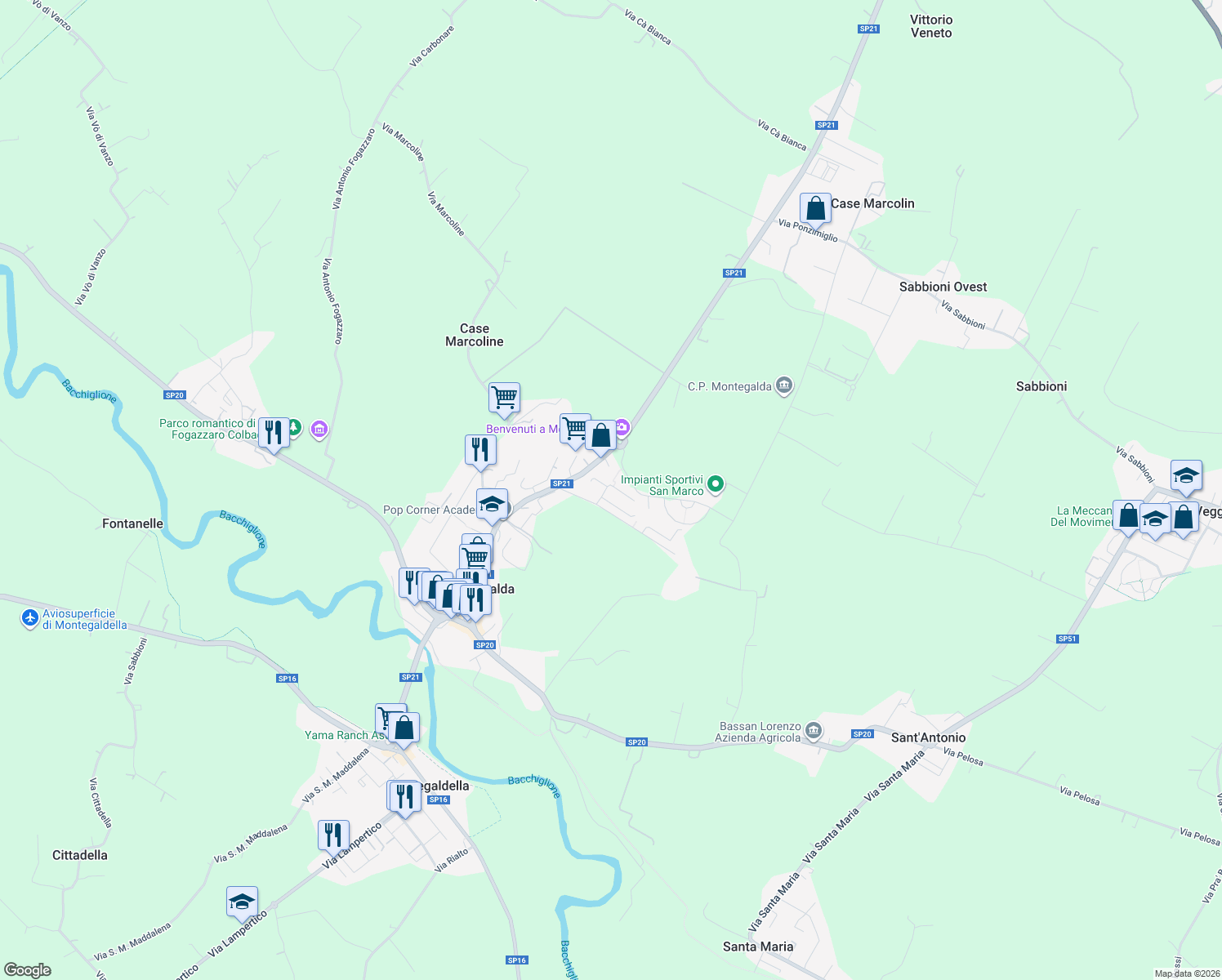 map of restaurants, bars, coffee shops, grocery stores, and more near 2 Via Gioacchino Rossini in Montegalda