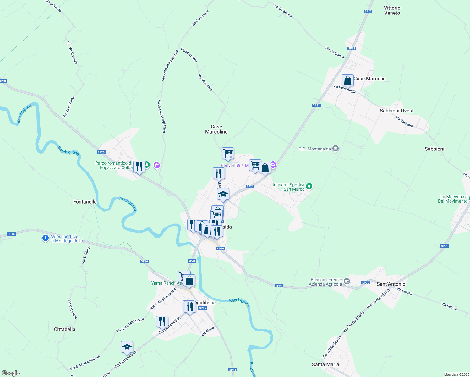 map of restaurants, bars, coffee shops, grocery stores, and more near 5 Via Monsignor Igino Strazzacappa in Montegalda