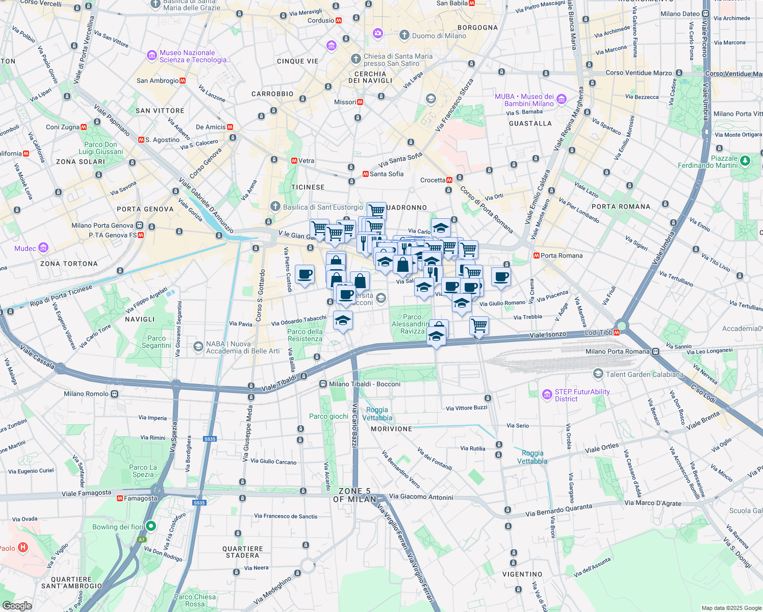 map of restaurants, bars, coffee shops, grocery stores, and more near 25 Via Roberto Sarfatti in Milano