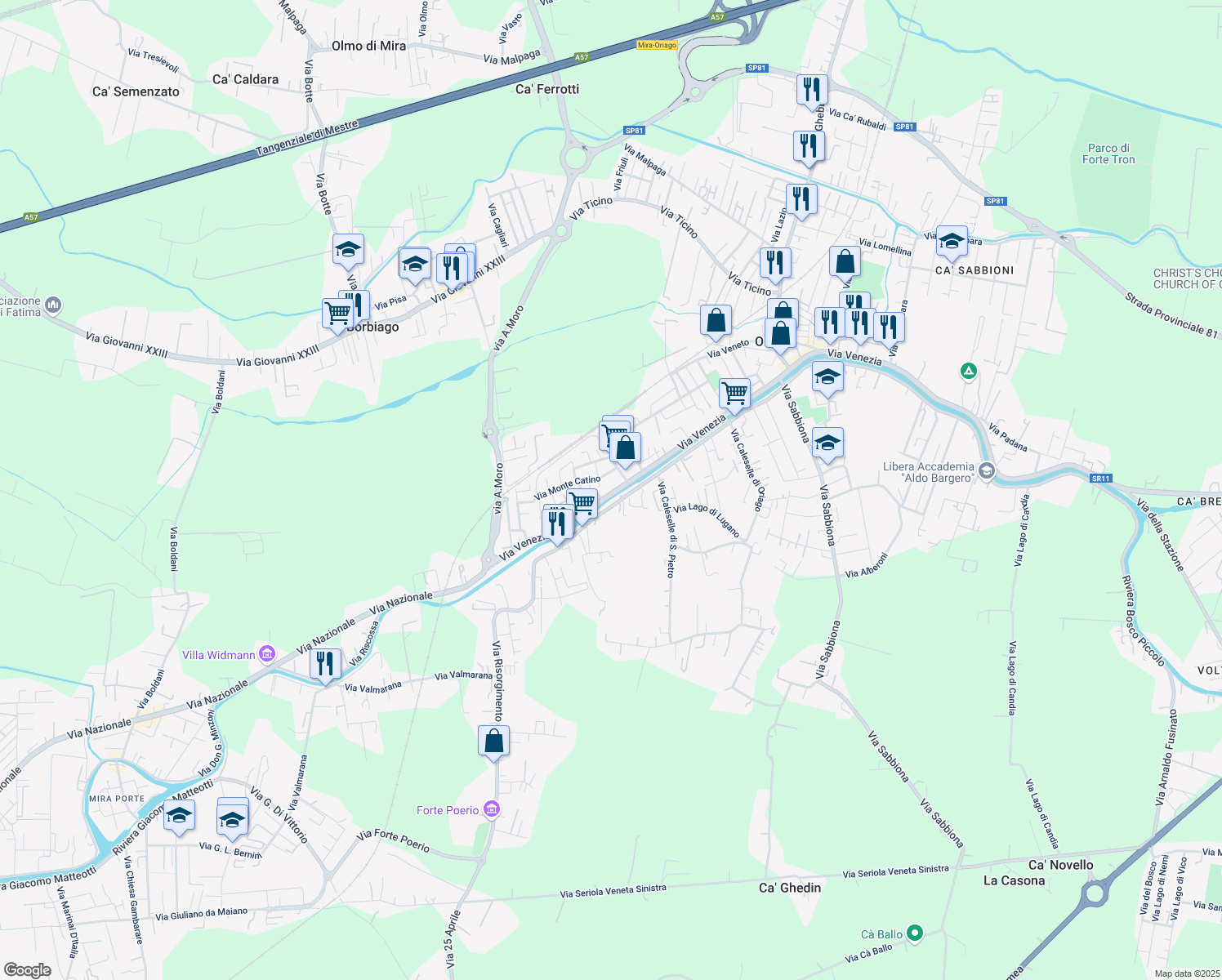 map of restaurants, bars, coffee shops, grocery stores, and more near 70 Via Venezia in Mira