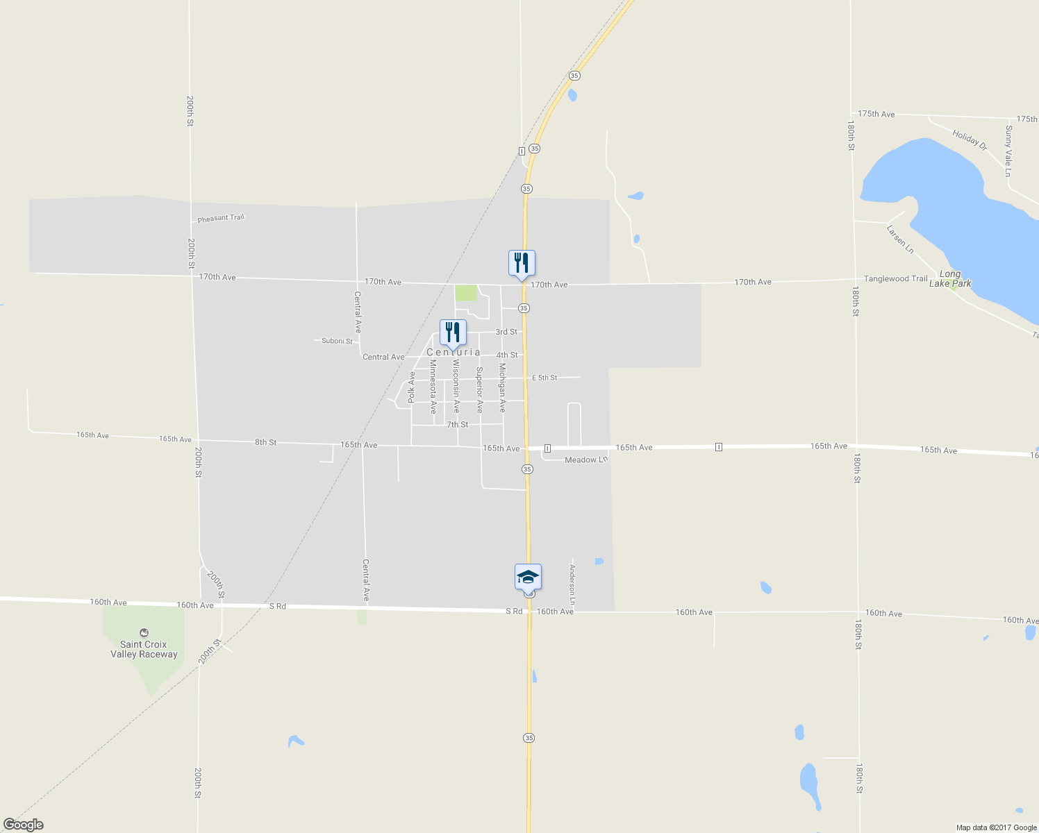 map of restaurants, bars, coffee shops, grocery stores, and more near 609 Wisconsin 35 in Centuria
