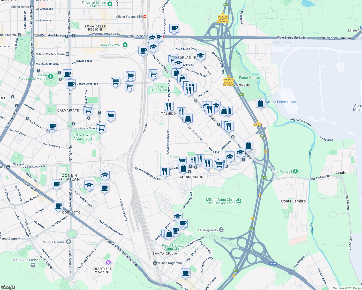 map of restaurants, bars, coffee shops, grocery stores, and more near 8 Via Dione Cassio in Milano