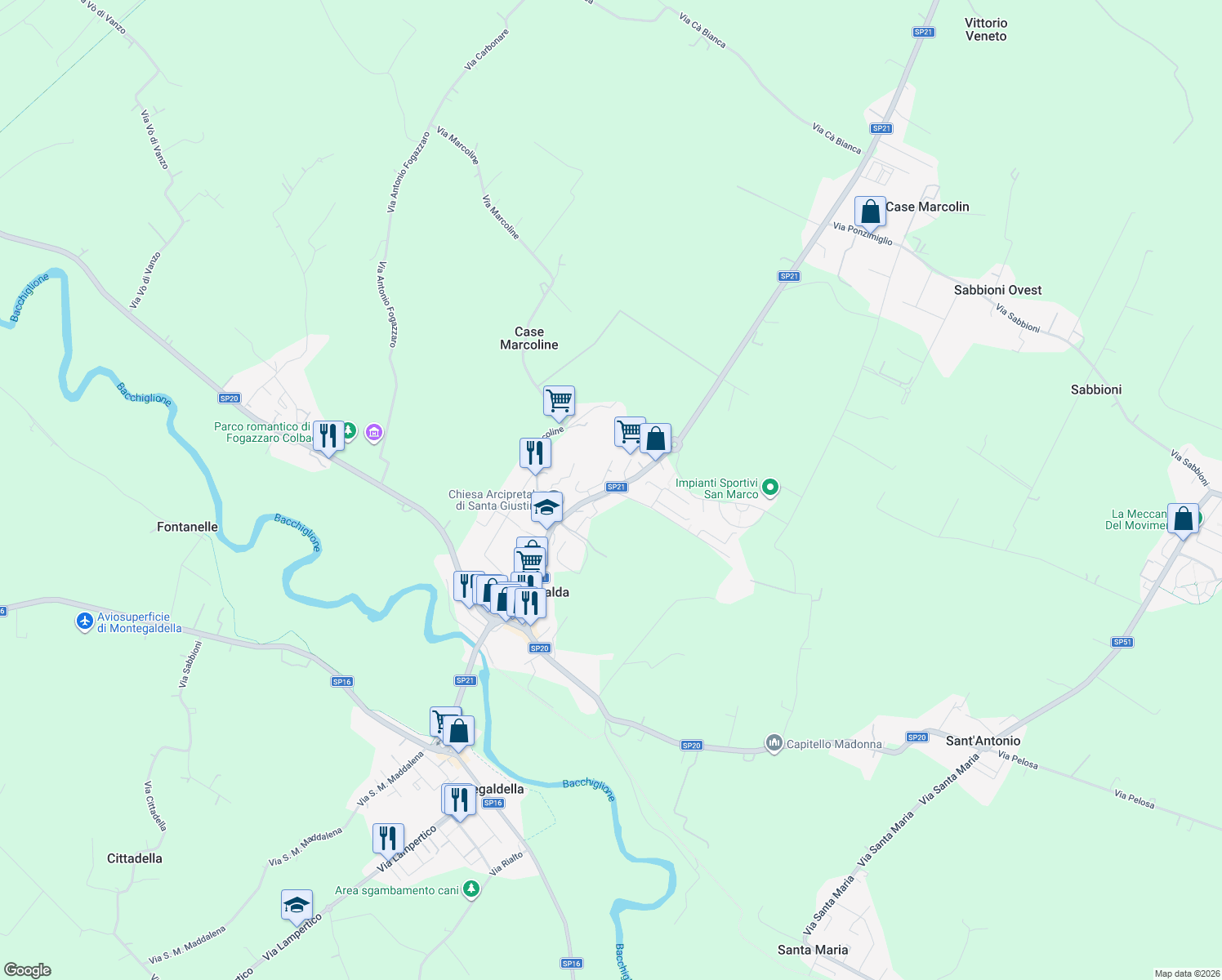 map of restaurants, bars, coffee shops, grocery stores, and more near 2 Via Monsignor Igino Strazzacappa in Montegalda