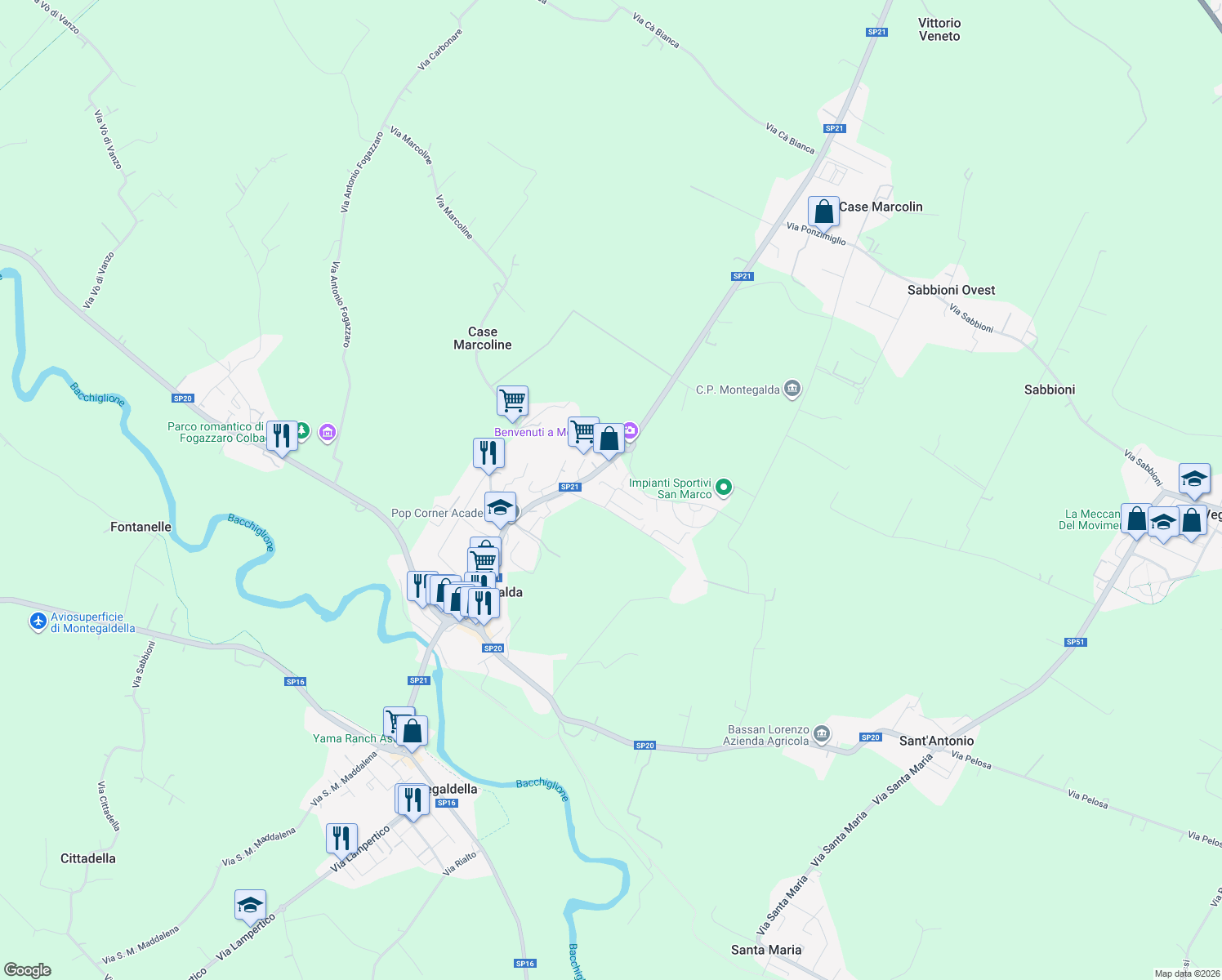 map of restaurants, bars, coffee shops, grocery stores, and more near 2 Via Gioacchino Rossini in Montegalda