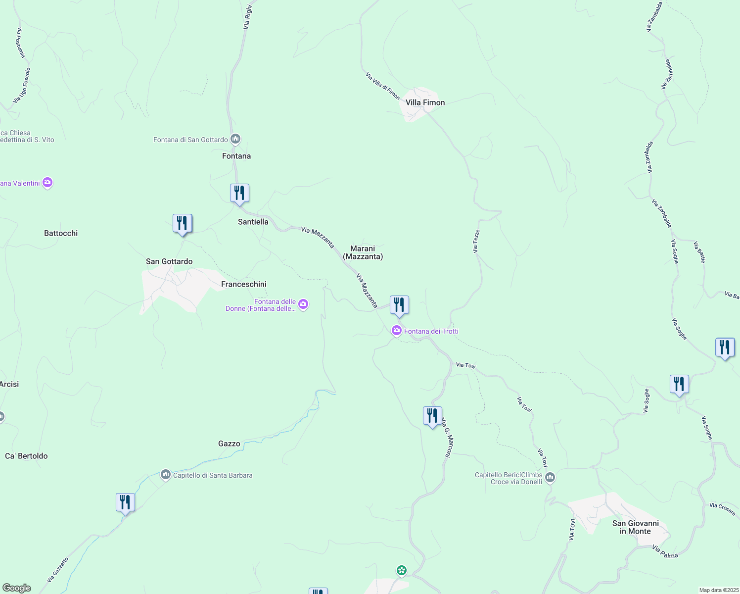 map of restaurants, bars, coffee shops, grocery stores, and more near 19 Via Priare in Provincia di Vicenza