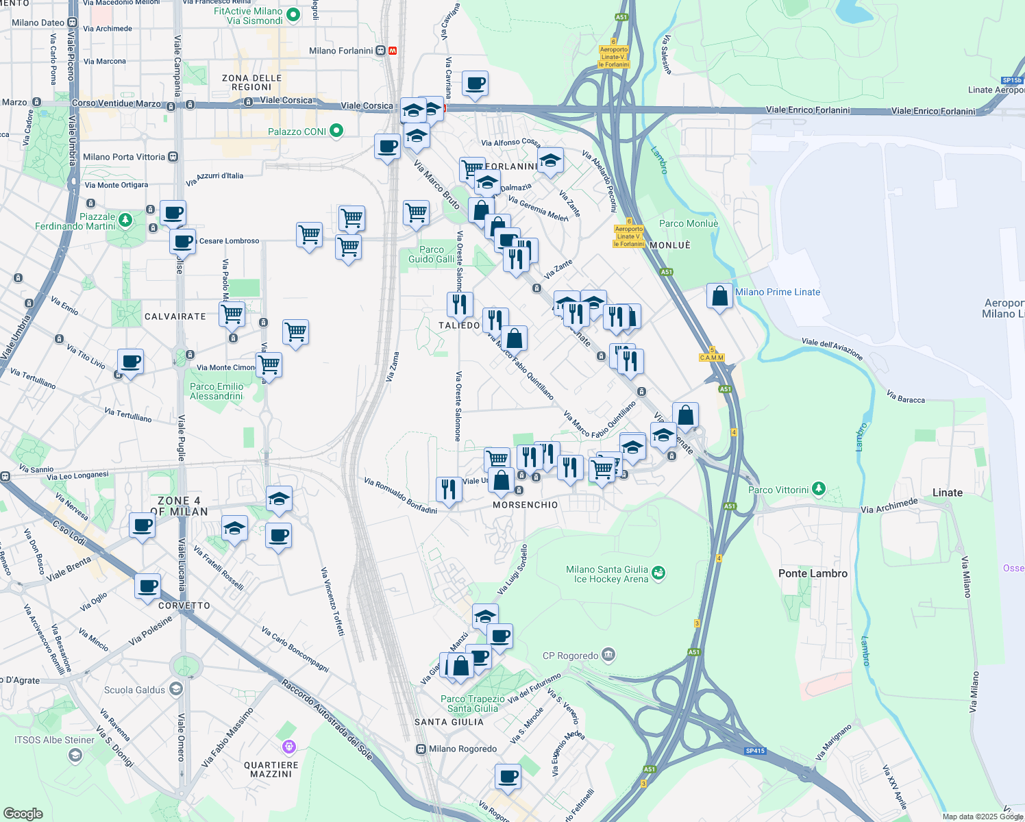 map of restaurants, bars, coffee shops, grocery stores, and more near 8 Via Dione Cassio in Milano