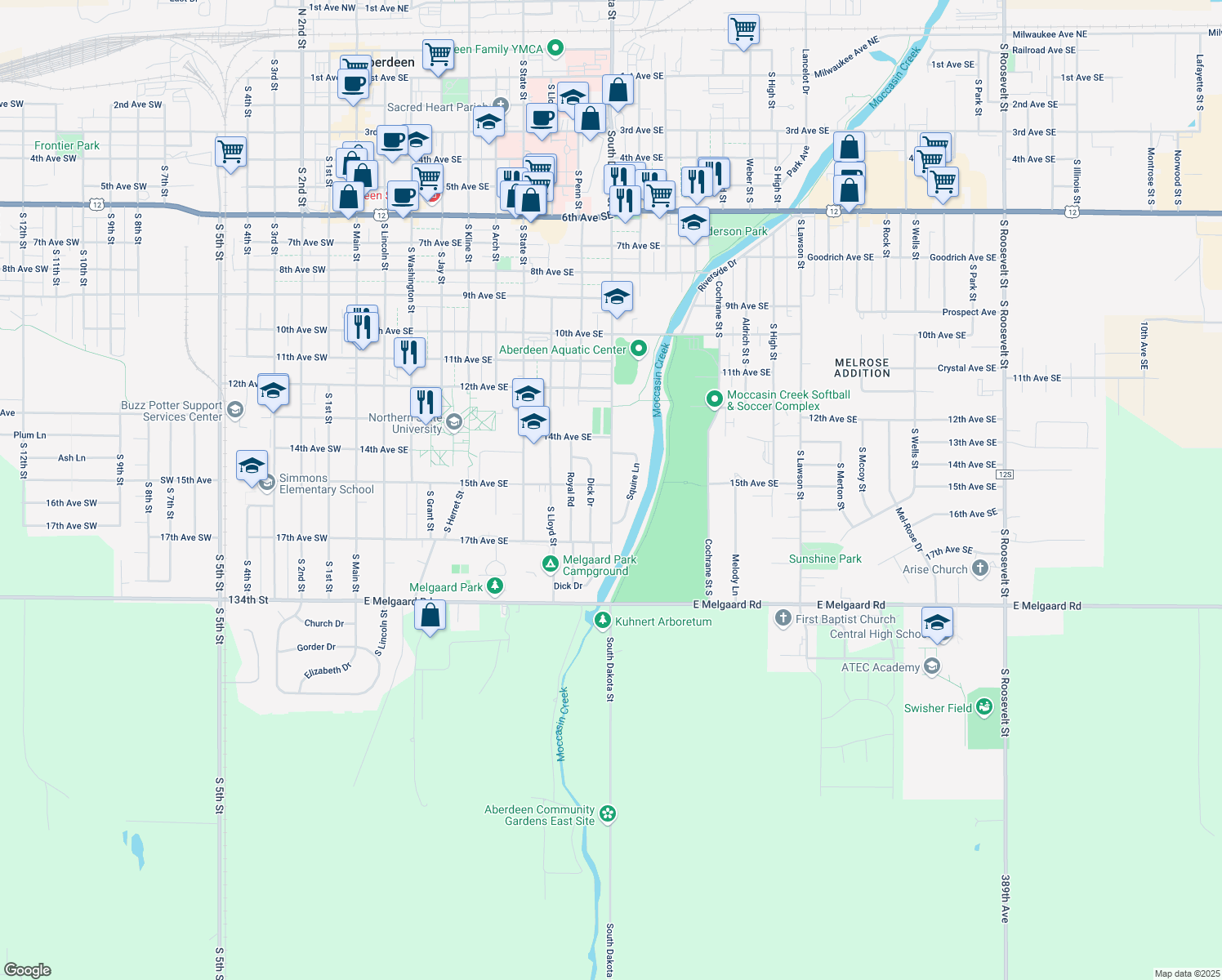 map of restaurants, bars, coffee shops, grocery stores, and more near 1512 Dakota Street in Aberdeen
