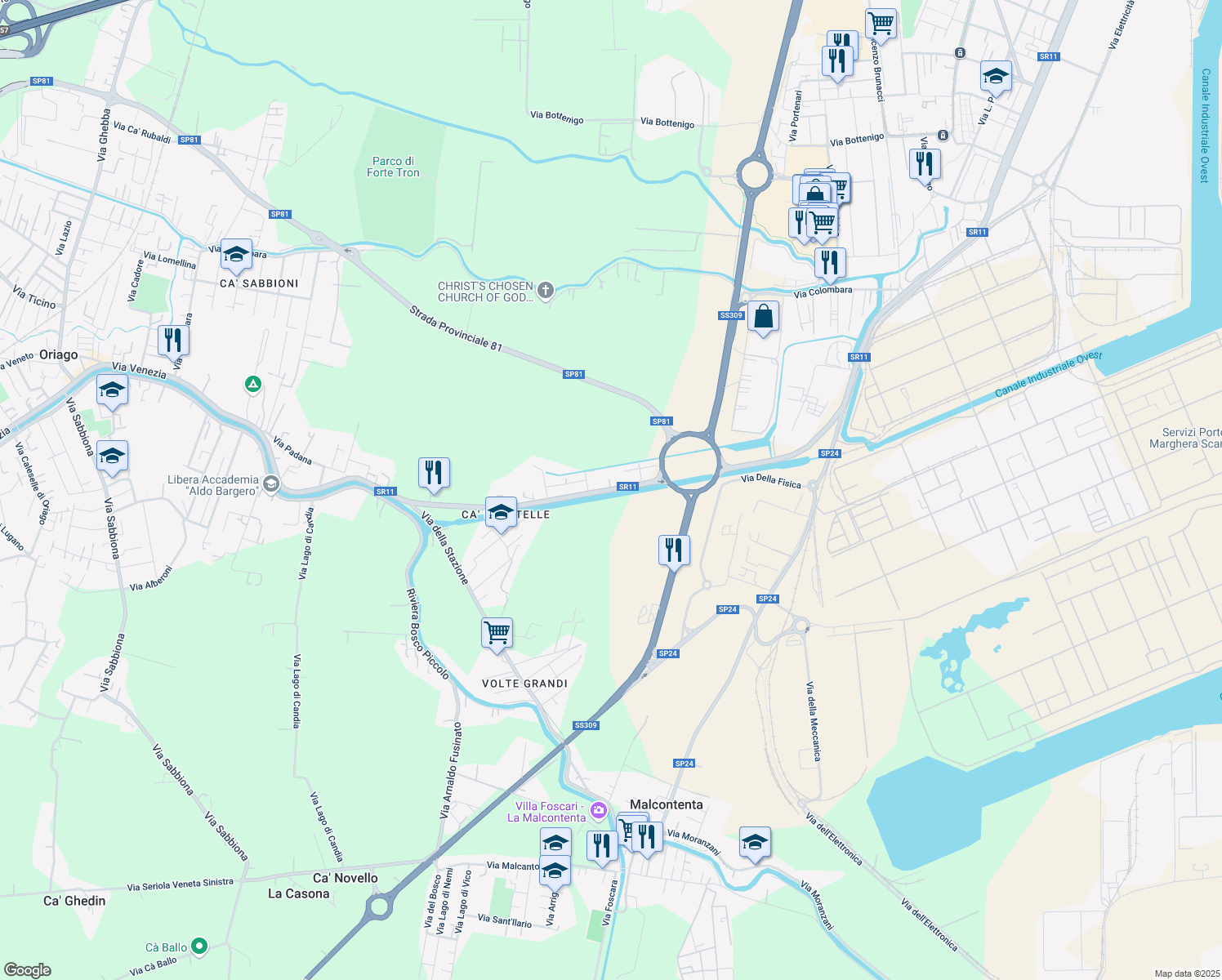 map of restaurants, bars, coffee shops, grocery stores, and more near 56 Via Padana in Venezia
