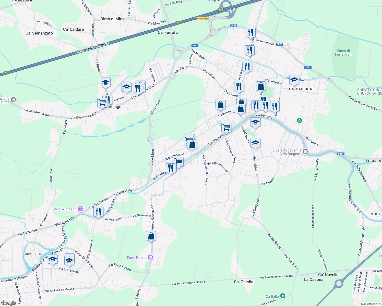 map of restaurants, bars, coffee shops, grocery stores, and more near 70 Via Venezia in Mira Taglio
