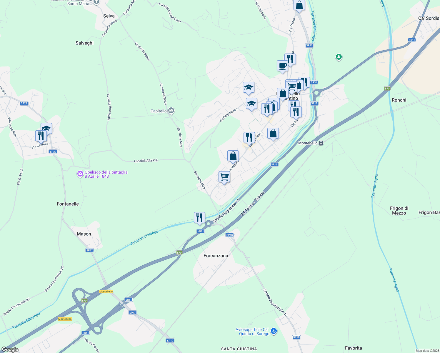 map of restaurants, bars, coffee shops, grocery stores, and more near 22 Viale Verona in Vicenza