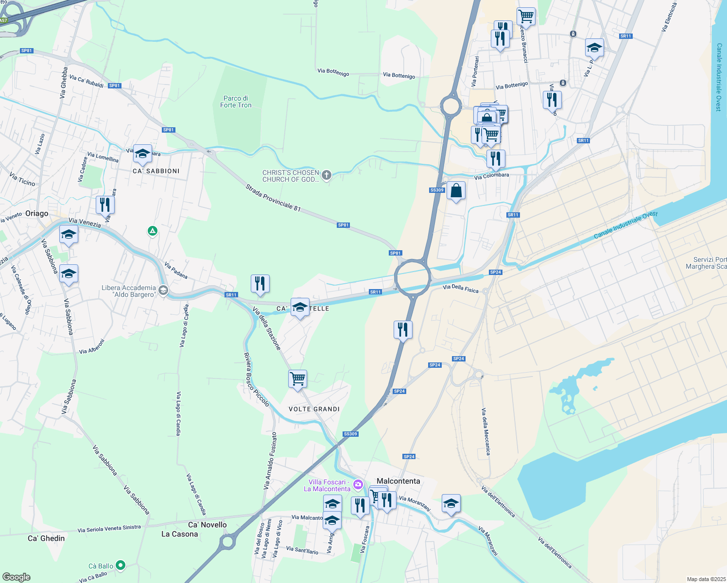 map of restaurants, bars, coffee shops, grocery stores, and more near 56 Via Padana in Venezia