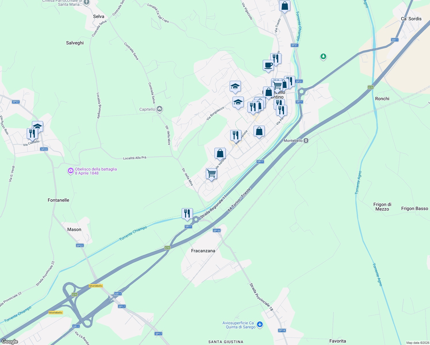 map of restaurants, bars, coffee shops, grocery stores, and more near 8-10 Viale Verona in Montebello Vicentino