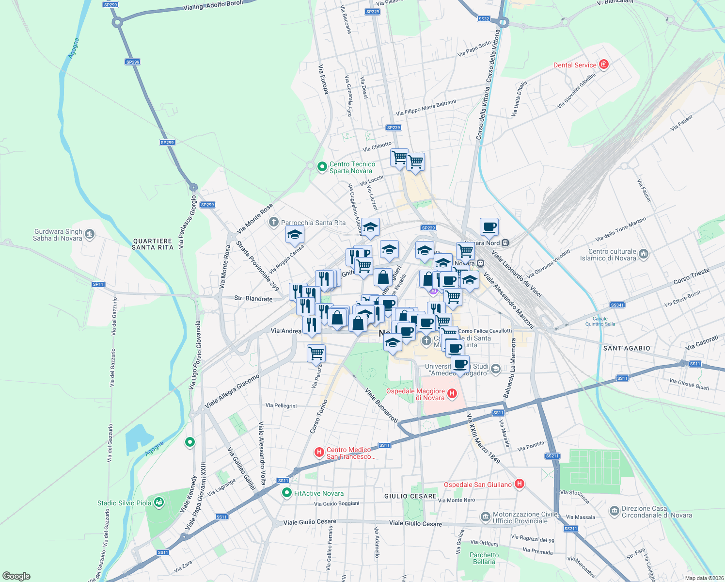 map of restaurants, bars, coffee shops, grocery stores, and more near 14 Via Guglielmo Marconi in Novara
