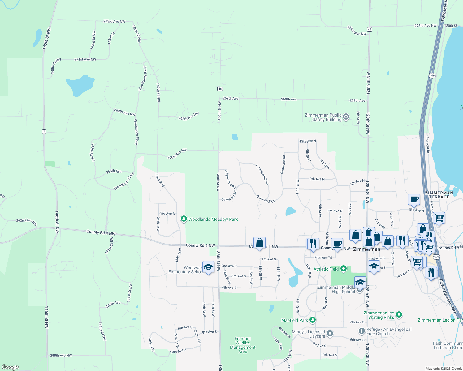map of restaurants, bars, coffee shops, grocery stores, and more near 26437 Ridgewood Road in Zimmerman