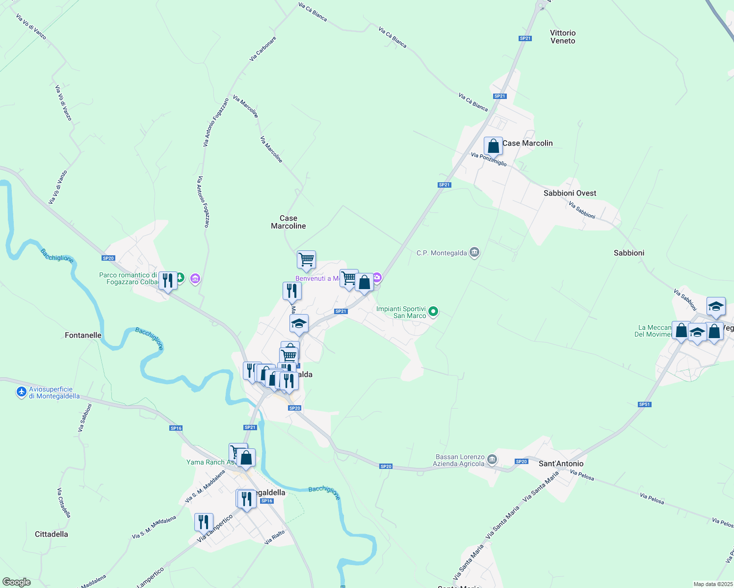 map of restaurants, bars, coffee shops, grocery stores, and more near 33 Via Zocco in Montegalda