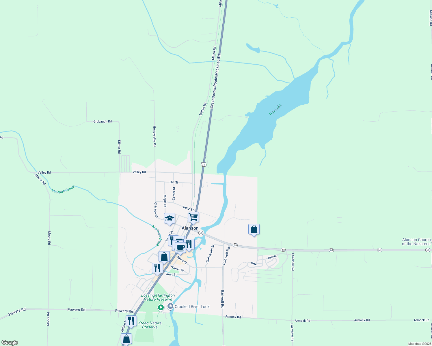 map of restaurants, bars, coffee shops, grocery stores, and more near 6999 U.S. 31 in Alanson