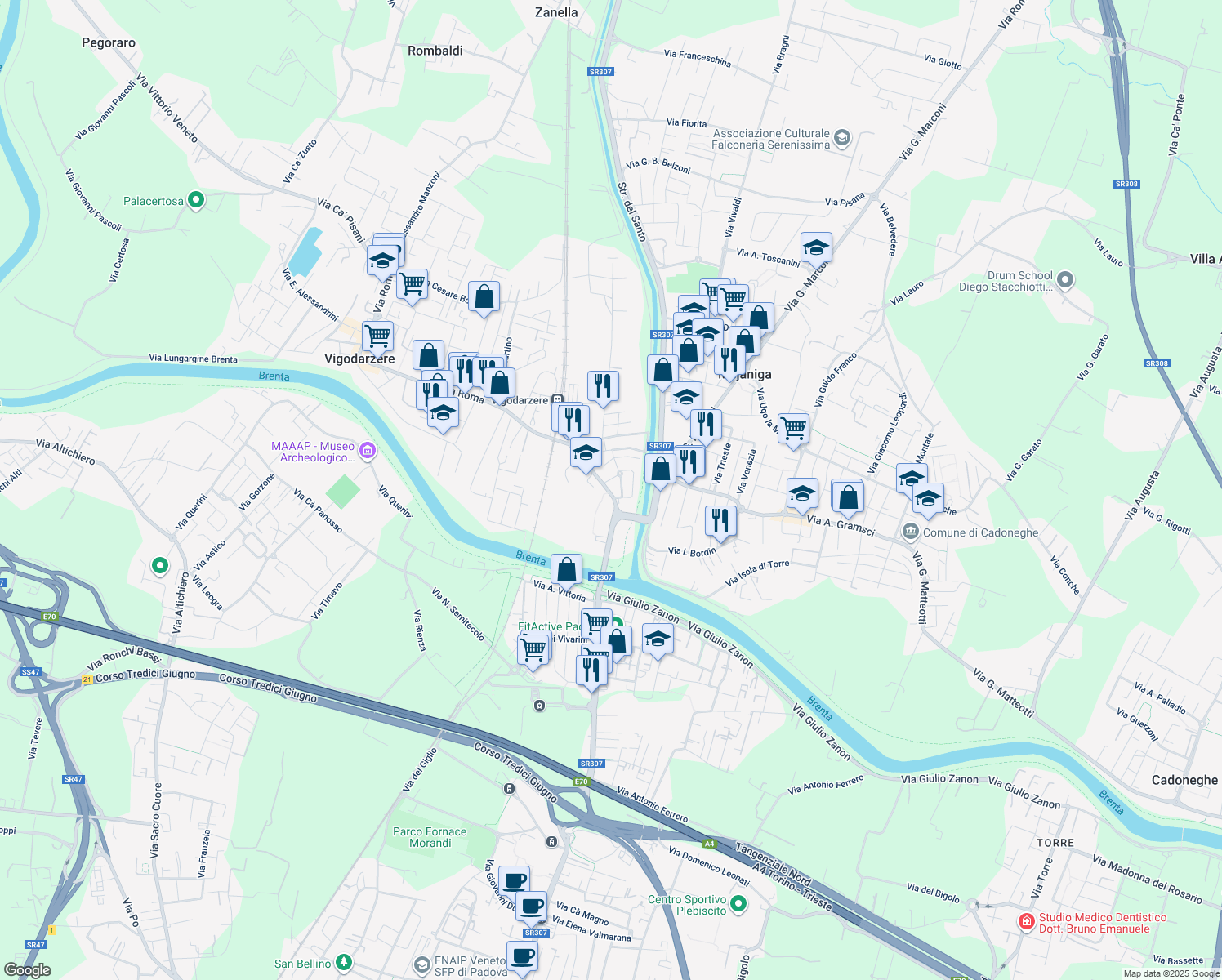 map of restaurants, bars, coffee shops, grocery stores, and more near 4A Via Cosme Tura in Padova
